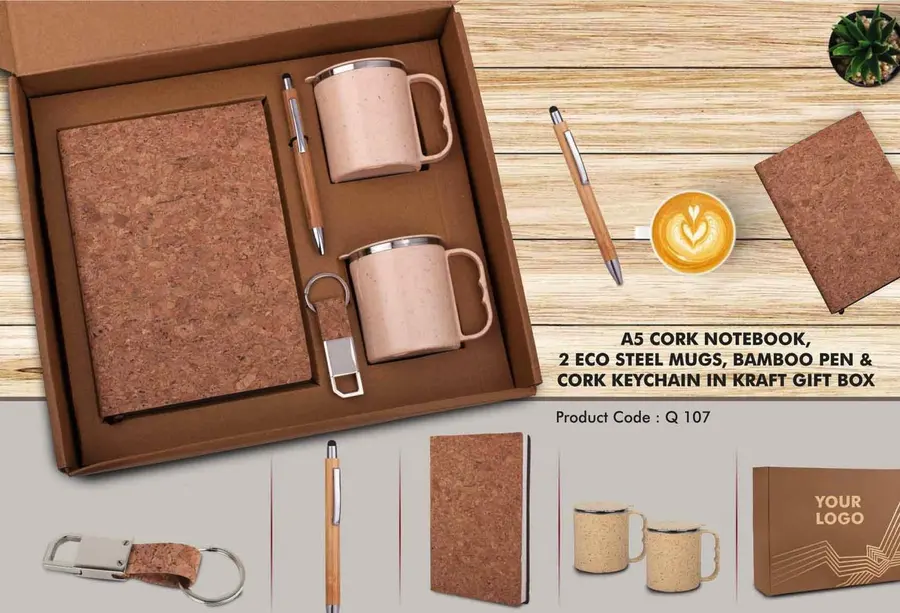 EcoSet 1: Set of A5 Cork notebook, 2 Eco Steel mugs, Bamboo Pen & Cork Keychain in Kraft Gift Box