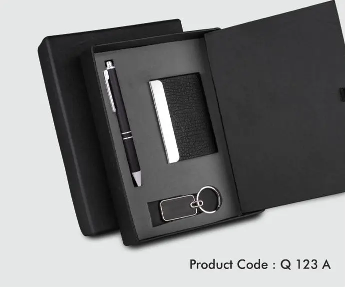 Compact 4 pc Black gift set: A5 size Notebook, Metal pen, Metal PU Keychain, Metal Card holder